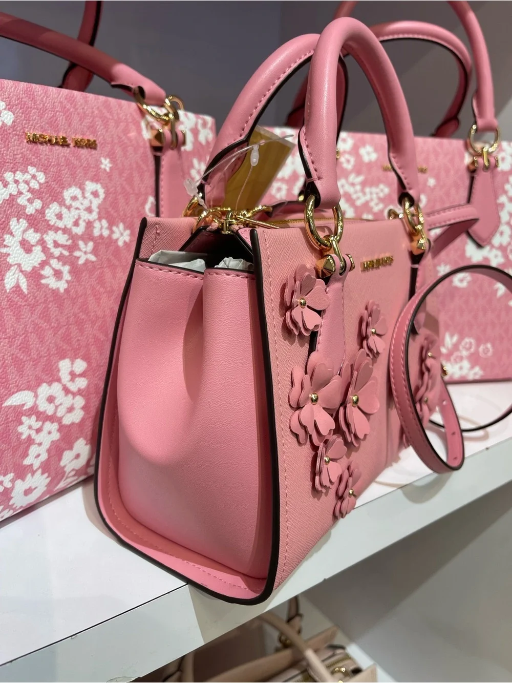 MICHAEL KORS Marilyn Sm Floral Embellished Satchel Messenger Cros Carnation  NWT